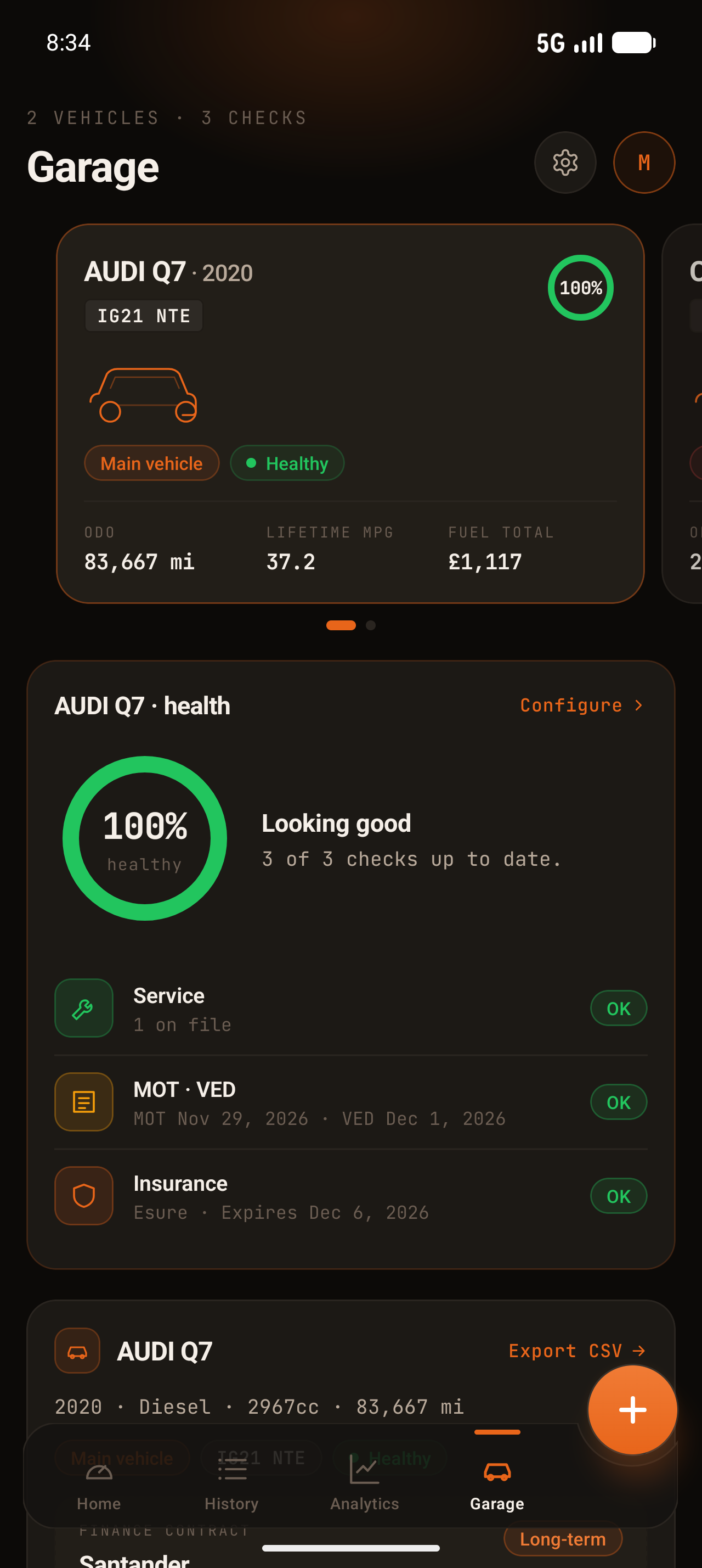 Garage screen with vehicle card, lifetime stats and true cost of ownership