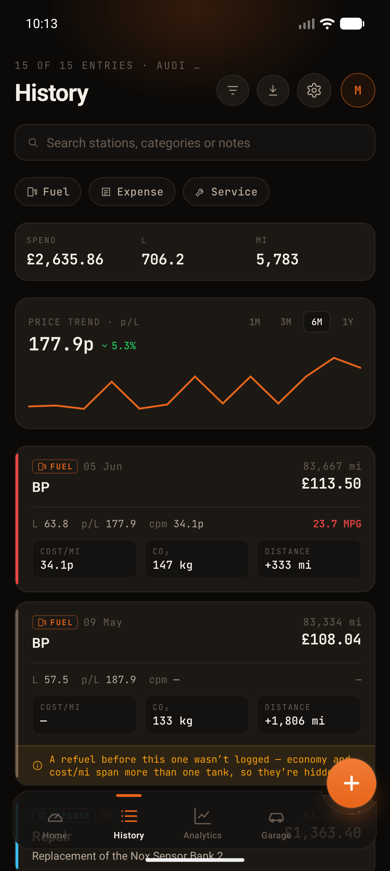 History list of fill-ups with MPG-coded accent bars and price trend
