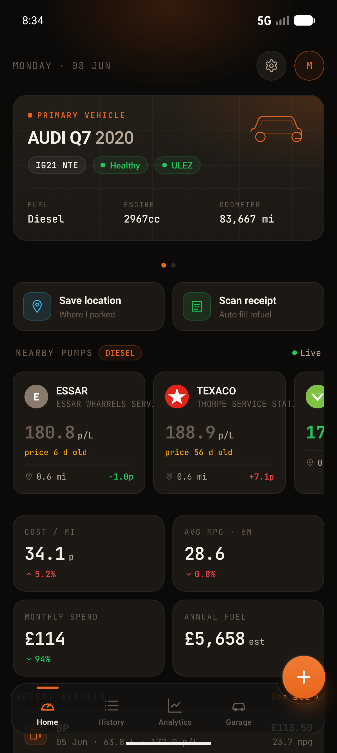 IGNITE dashboard: primary vehicle, nearby fuel prices, cost per mile and monthly spend