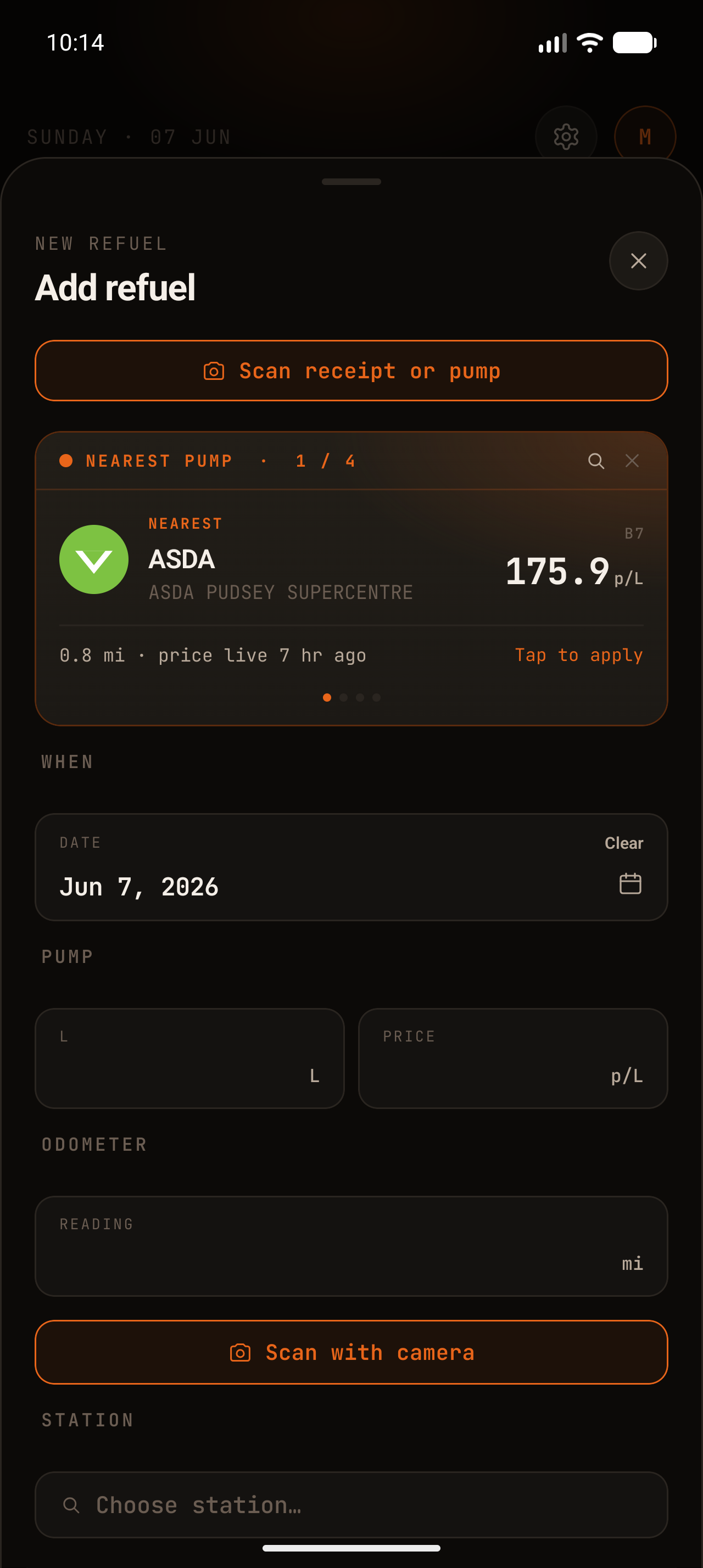 Log Fill-Up screen with fuel type, litres, price and live cost